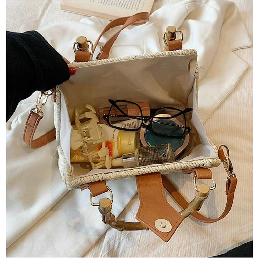 Straw Rattan Handbag Women Khaki Light Top Handle Crossbody Summer Beach Bag - Picture 6 of 9